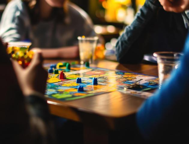 A cozy board game café with tabletop games and refreshments, Board games set up on café tables, Casual café style A cozy board game café with tabletop games and refreshments, Board games set up on café tables, Casual café style